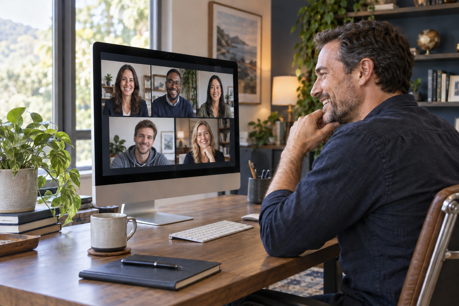 A man enjoying a virtual group coaching conversation on his desktop computer