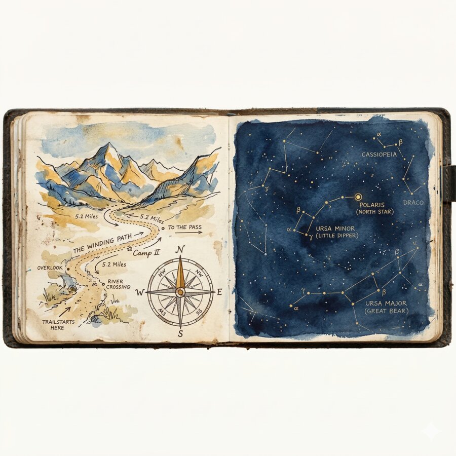 Field journal with hand-drawn landscape, compass, and star chart featuring Polaris